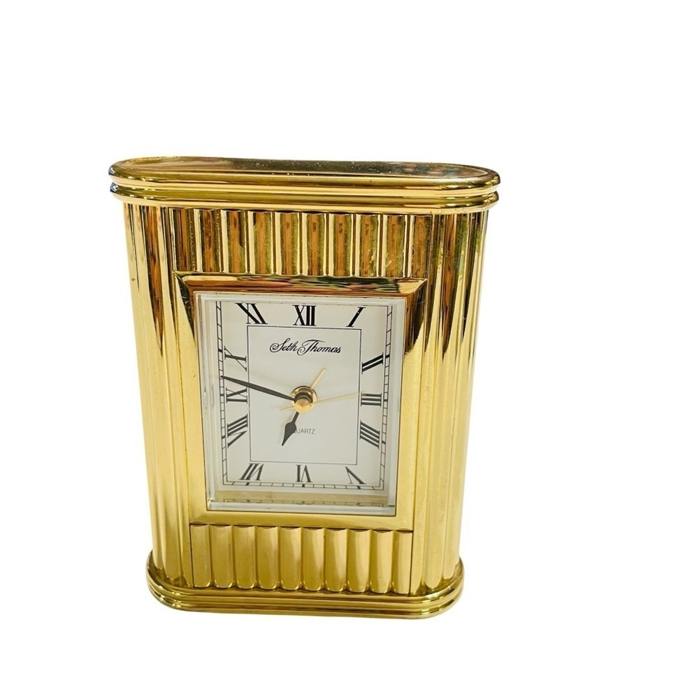 Vintage Seth Thomas Gold Tone Quartz Desk Clock Roman Numerals Fluted Metal MCM - Picture 2 of 13